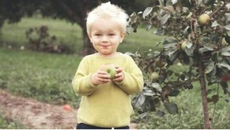 Un niño prueba una manzana recién recogida de un manzano de la propiedad de sus padres en Saint-Bruno.